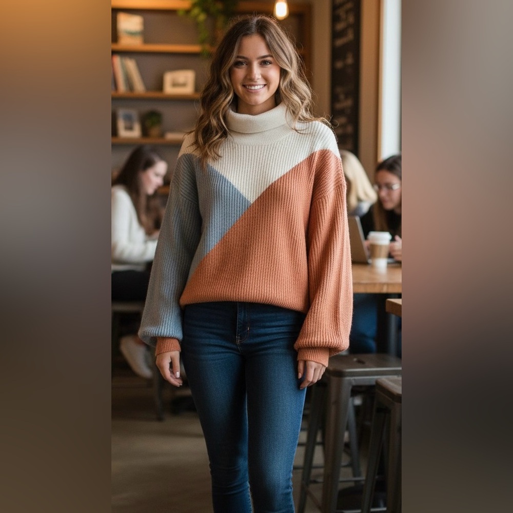 POL Womens Oversized Turtleneck Sweater Color-block brown, Gray, White SZ Small